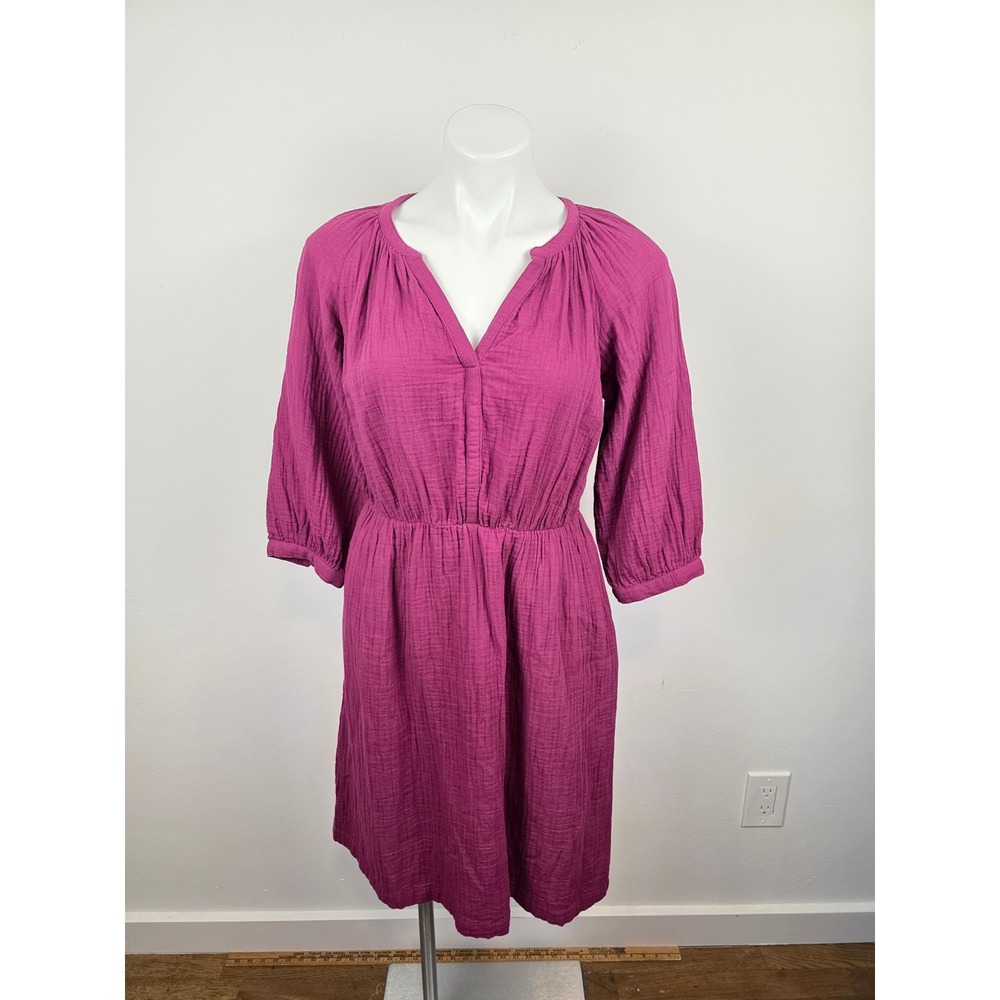 Pact Magenta Organic Cotton Gauze V-Neck Elastic Waist Dress Small 3079